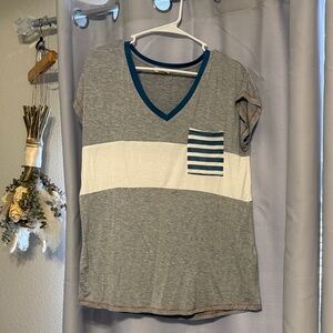 Hem & Thread V-Neck Gray Tee with Blue and White Accents